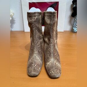 Aerosols Tan and Brown Snakeskin Ankle Booties with Cuban Heel